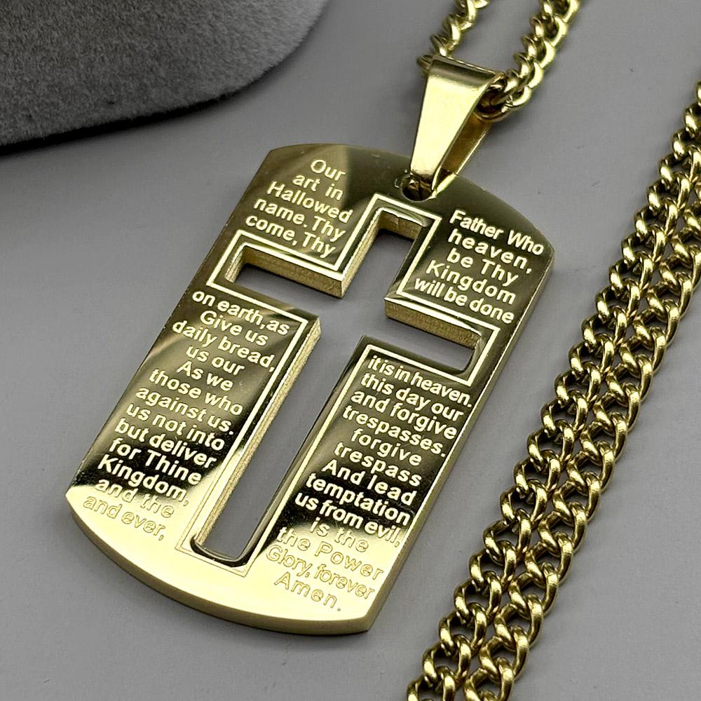Christian Bible Cross Dog Tag Chain Necklace for Men Stainless Steel Pendant Necklace Religious Lord's Prayer Jesus Jewelry