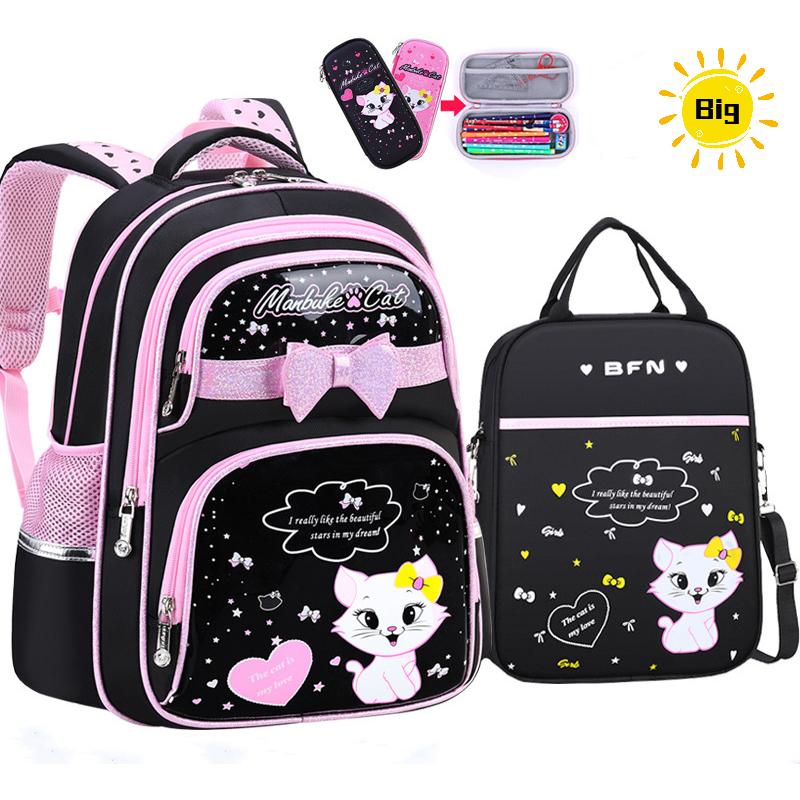 New PU Leather School Bag Korean Fashion Girls Backpack Cute Cat Orthopedic Waterproof Backpack