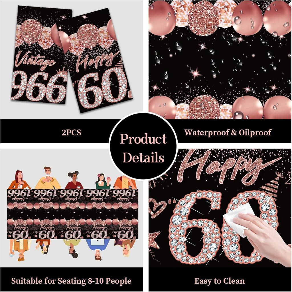 2pcs 60th Birthday Tablecloth, Black Rose Gold 60th Birthday Decorations for Woman Vintage 1966 Table Cloth Plastic Rectangular Table Cover Happy 60
