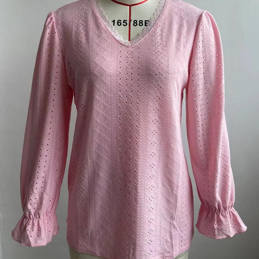 Women's Lace V Neck Puff Long Sleeve Eyelet Tops Dressy Business Casual Work Shirts Blouses Crochet Hollow Out Blouse Lace Pullover Top S-XXL