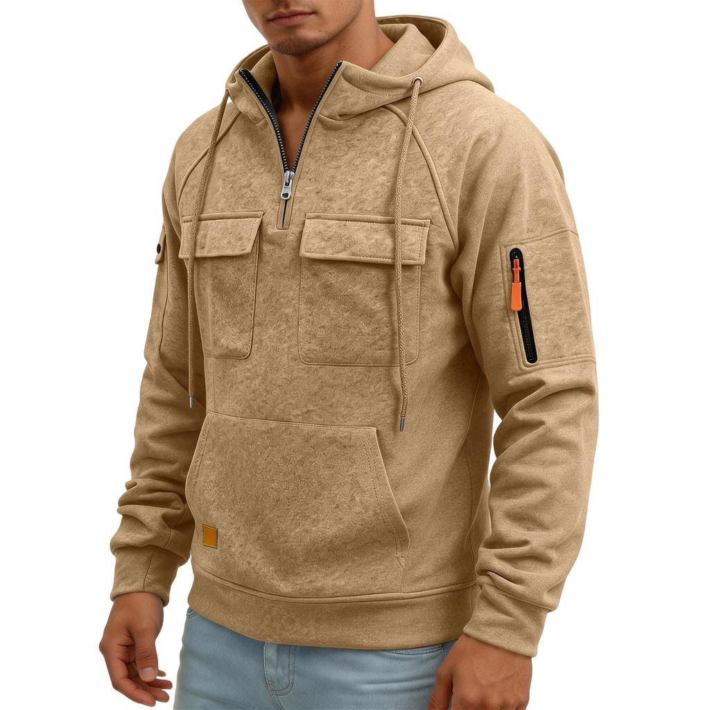 Men's Quarter-Zip Cargo Hoodie with Multi-Pockets Casual Sweatshirt for Everyday Wear
