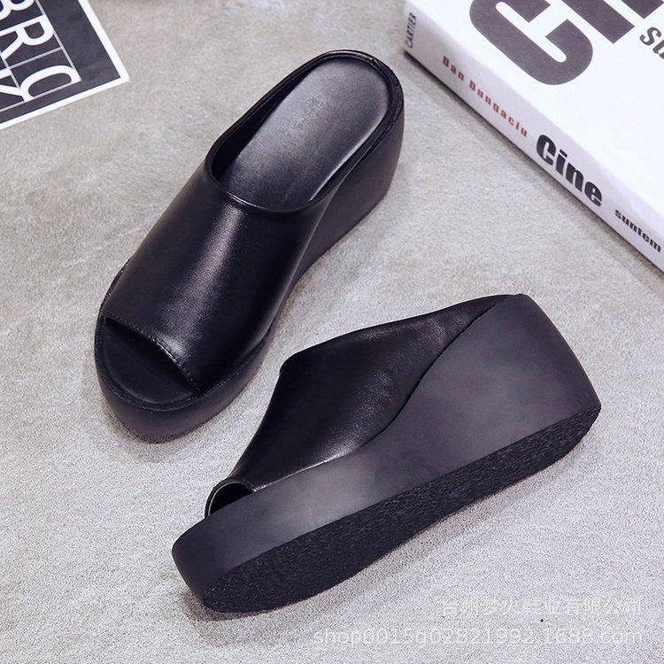New slope heel cool slippers women's summer muffin thick sole solid color slippers high heel one word sandals
