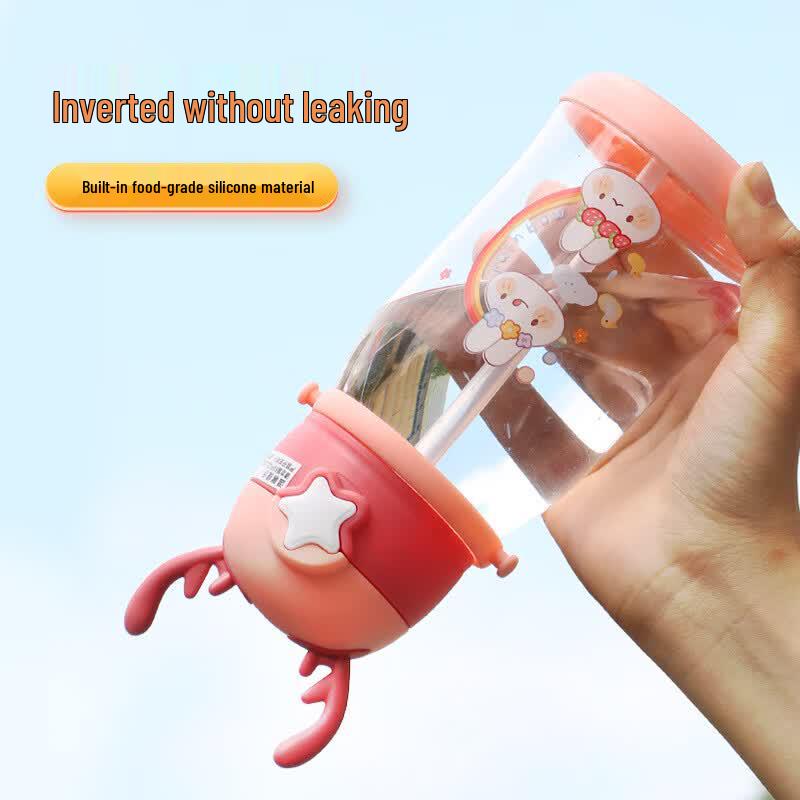 Kids' Cartoon Straw Water Bottle with Strap