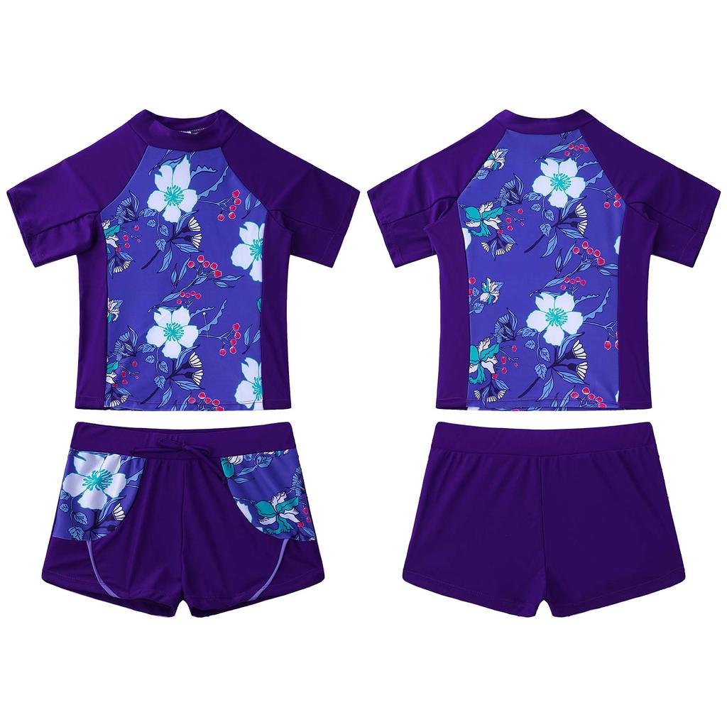 Girls 2 Piece Floral Print Swim Set Round Neck Short Sleeve Top Elastic Waist Boyshorts Beach Bathing Suit Swimsuit