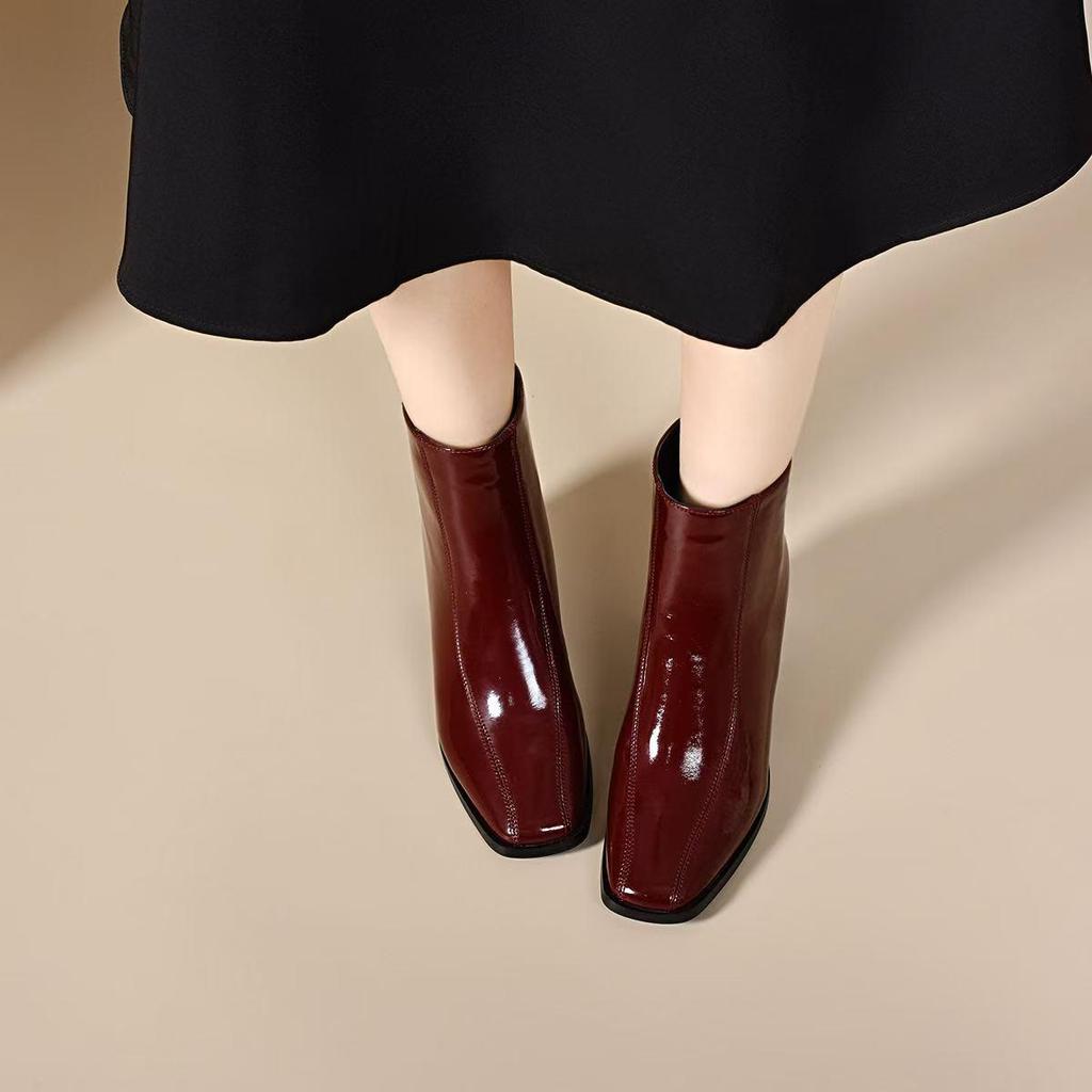 Cizme Chelsea de toamnă/iarnă 2025 din piele naturală, cu vârf pătrat, toc gros, căptușeală din lână și fermoar la spate