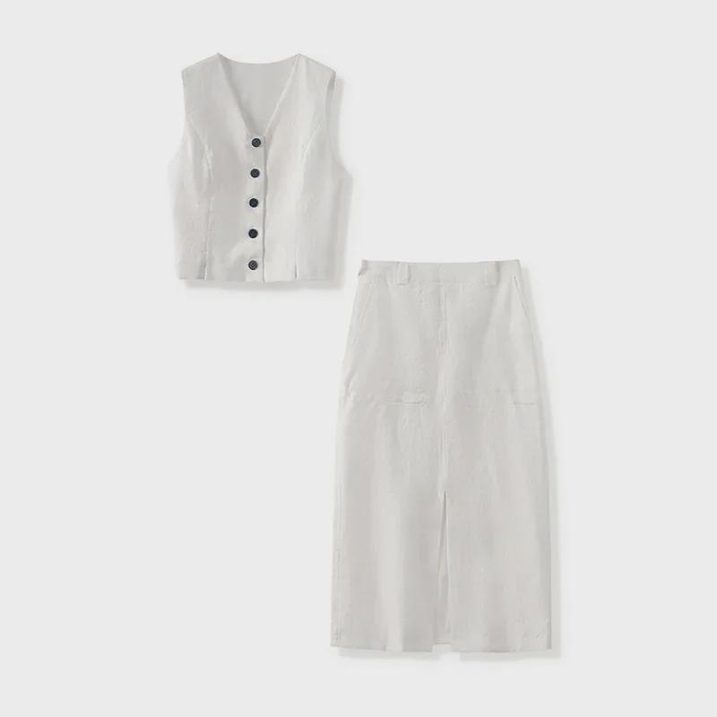 2425408-Elegant Linen Vest & Skirt Set - Women's Early Autumn