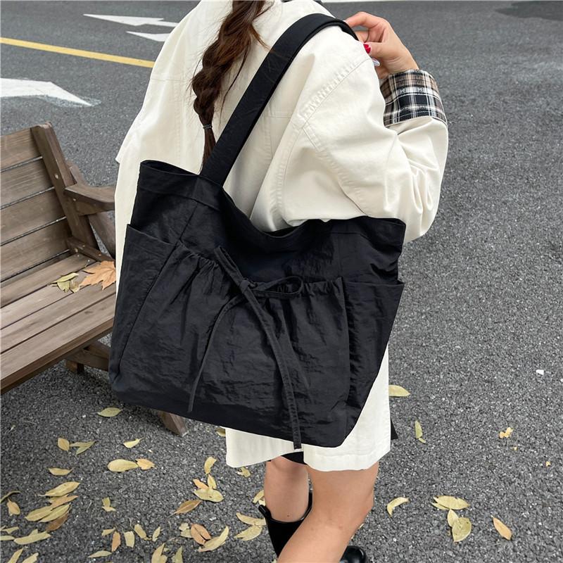 Large Capacity Canvas Tote Bag Women's Autumn New Casual Shoulder Bag Pleated College Student Class Bag