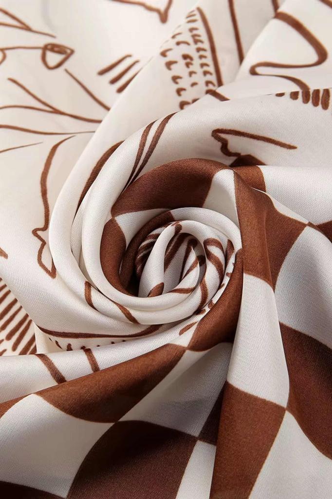 Brown and Cream Scarf 70X70 - Illustrations and Checkerboard