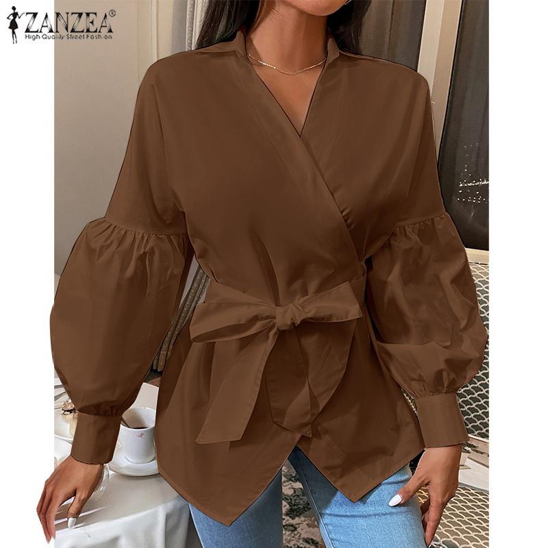 

ZANZEA Женская летняя блузка с отворотами и объемными рукавами и завязками