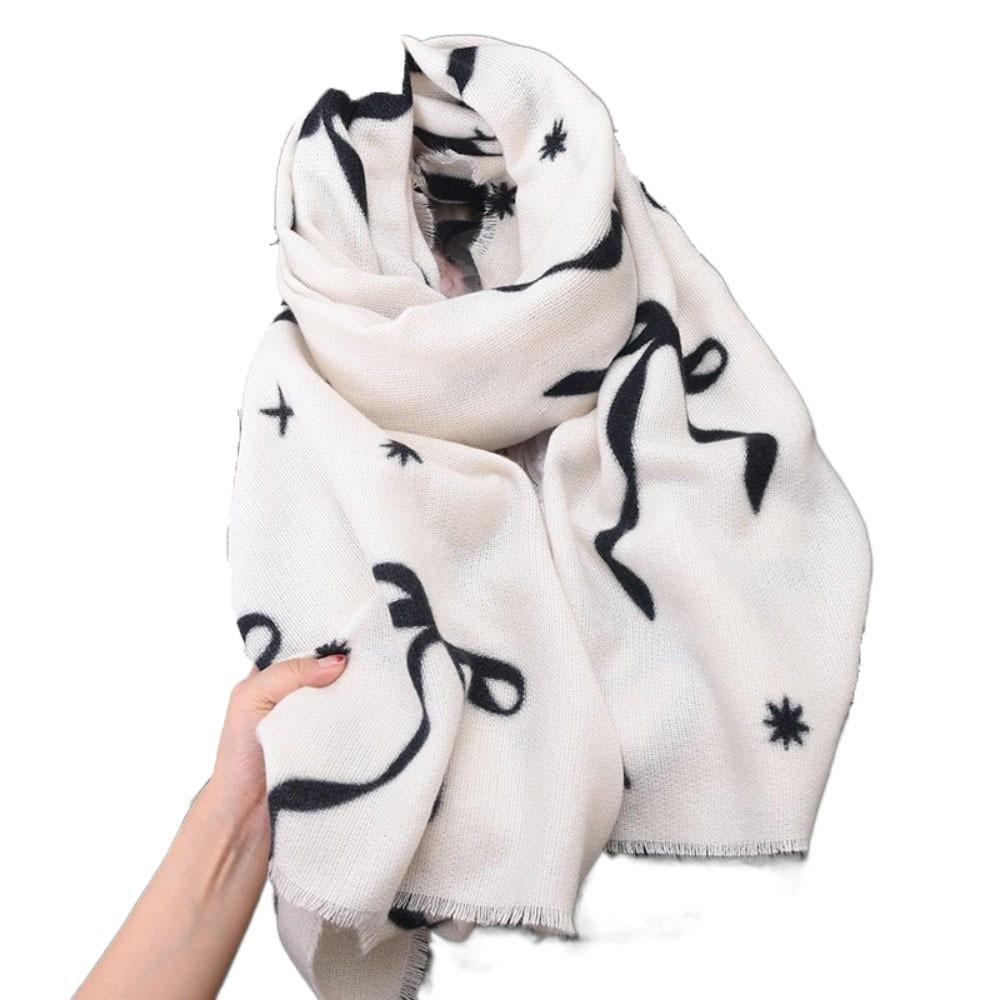 Printed Bow Wool Scarf Thicken Women Cashmere Shawl Temperament Winter Cashmere Scarves Female