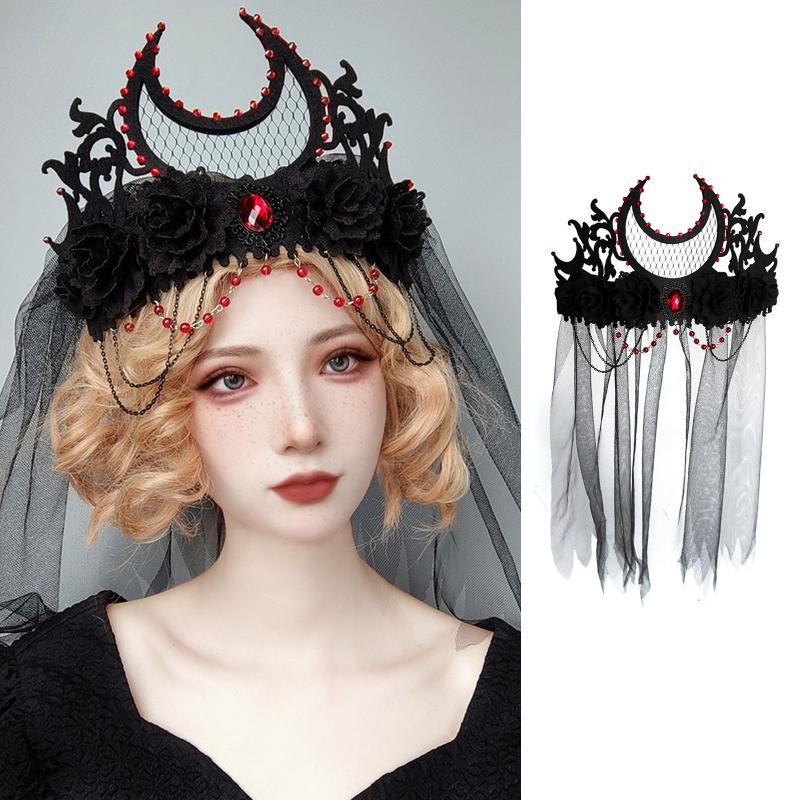Tag der Toten Stirnband Gothic Kopfschmuck Schwarzer Schleier Krone Barock Tiara Krone Lolita Haaraccessoires Halloween Krone