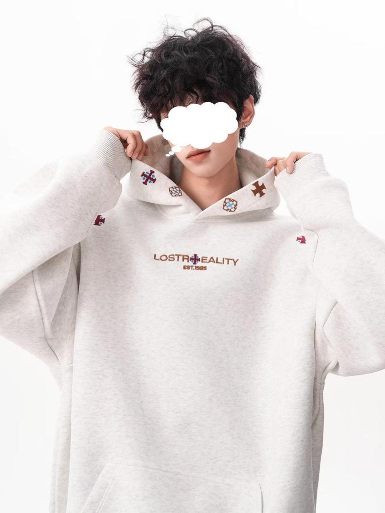 Men's Embroidered Ethnic-Style Hooded Sweatshirt - Casual, Loose-Fit, Versatile Autumn/Winter Outerwear for Couples