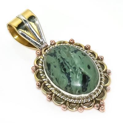 Natural Rhyolite Gemstone Two Tone 925 Solid Sterling Silver Pendant 1.50'' b2D86