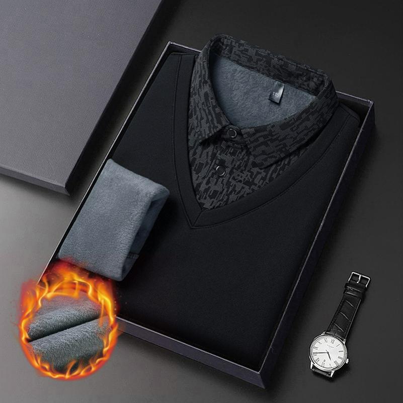 Plus Velvet Men's Long-sleeved T-shirt Winter Vacation Two-piece Middle-aged Lapel Thickened Warm T-shirt Men's Bottoming Shirt