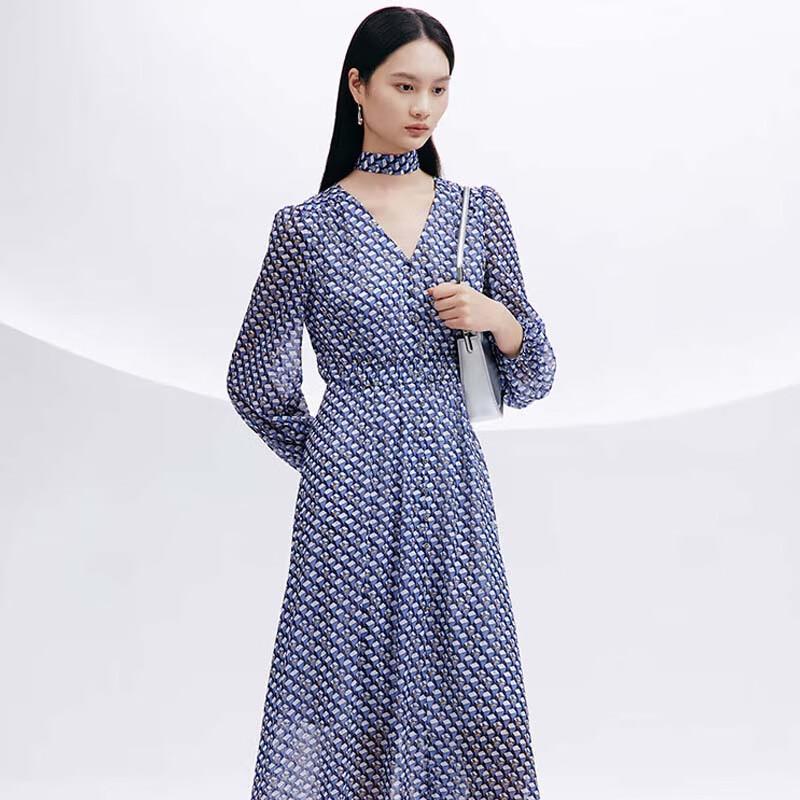 

JESSIE Elegant V-Neck Printed Lantern Sleeve Dress L