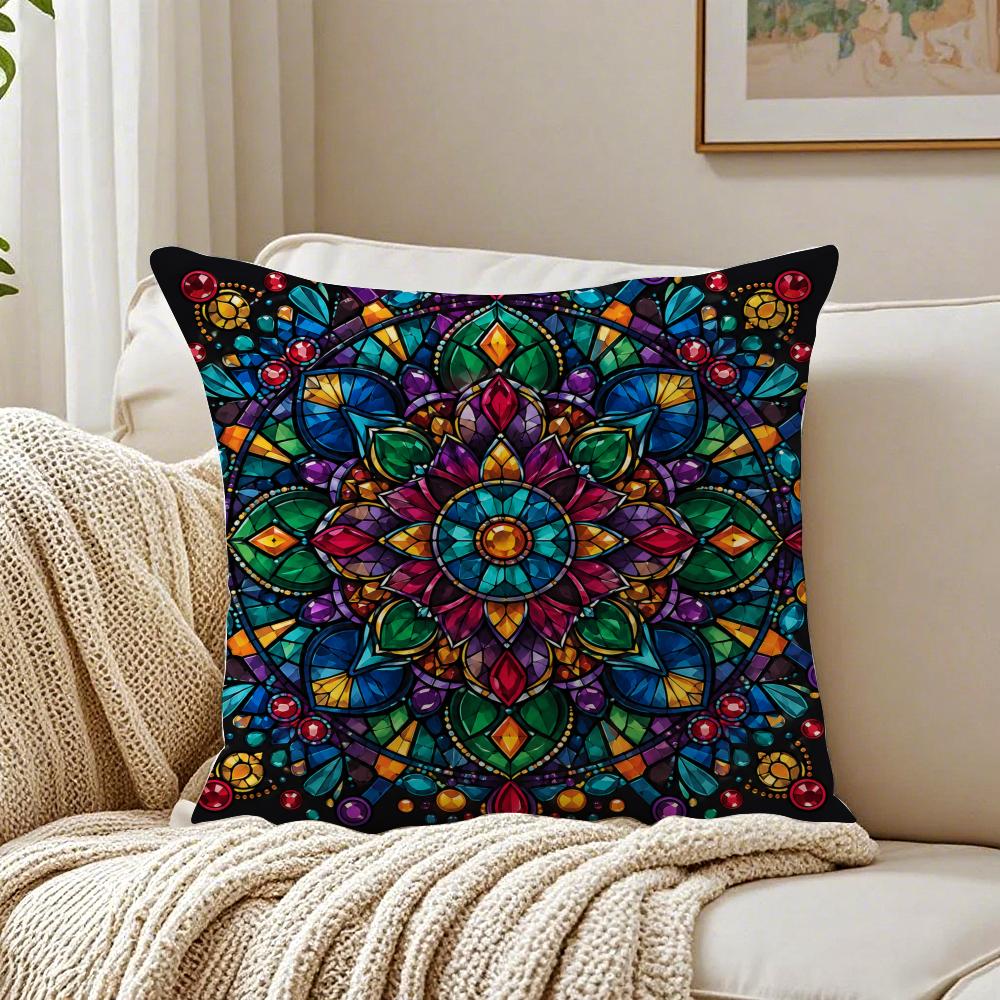 Darkcolored Mandala Floral Pattern Pillow Case Organic Short Plush Cushion Covers Breathable Washable WrinkleResistant