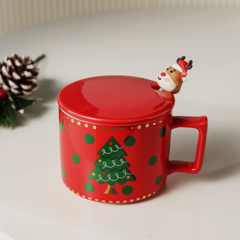 Cute Elk Christmas Ceramic Mug Set with Lid & Spoon - Perfect Holiday Gift