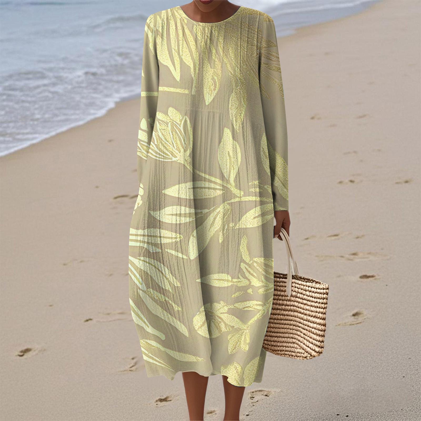 

Women s Fashionable Casual Long-Sleeved Round Neck Floral Print Zipper Dress XL жёлтый