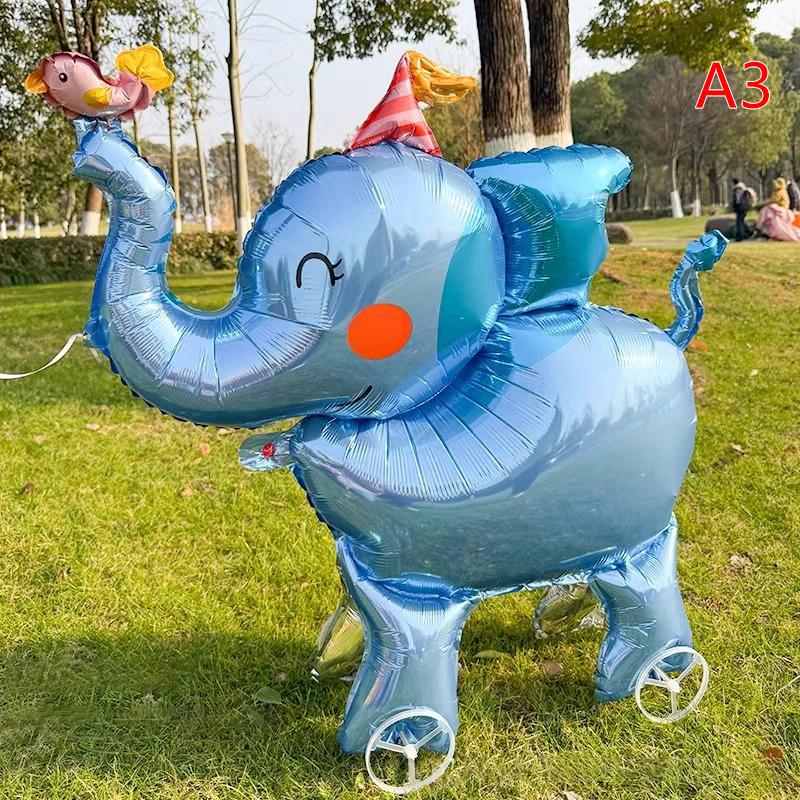4D Tecknad Folieballonger Elefant Stå Gående Ballong Med Hjul För Barn Födelsedagsfest Dekoration Babyshower