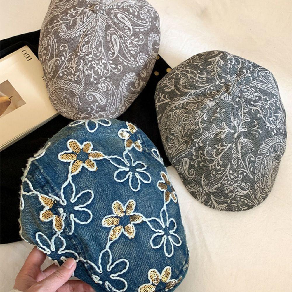 Ethnic Style Embroidery Flower Forward Hat Y2k Glitter Beret Casual Cadet Cap  Outdoor
