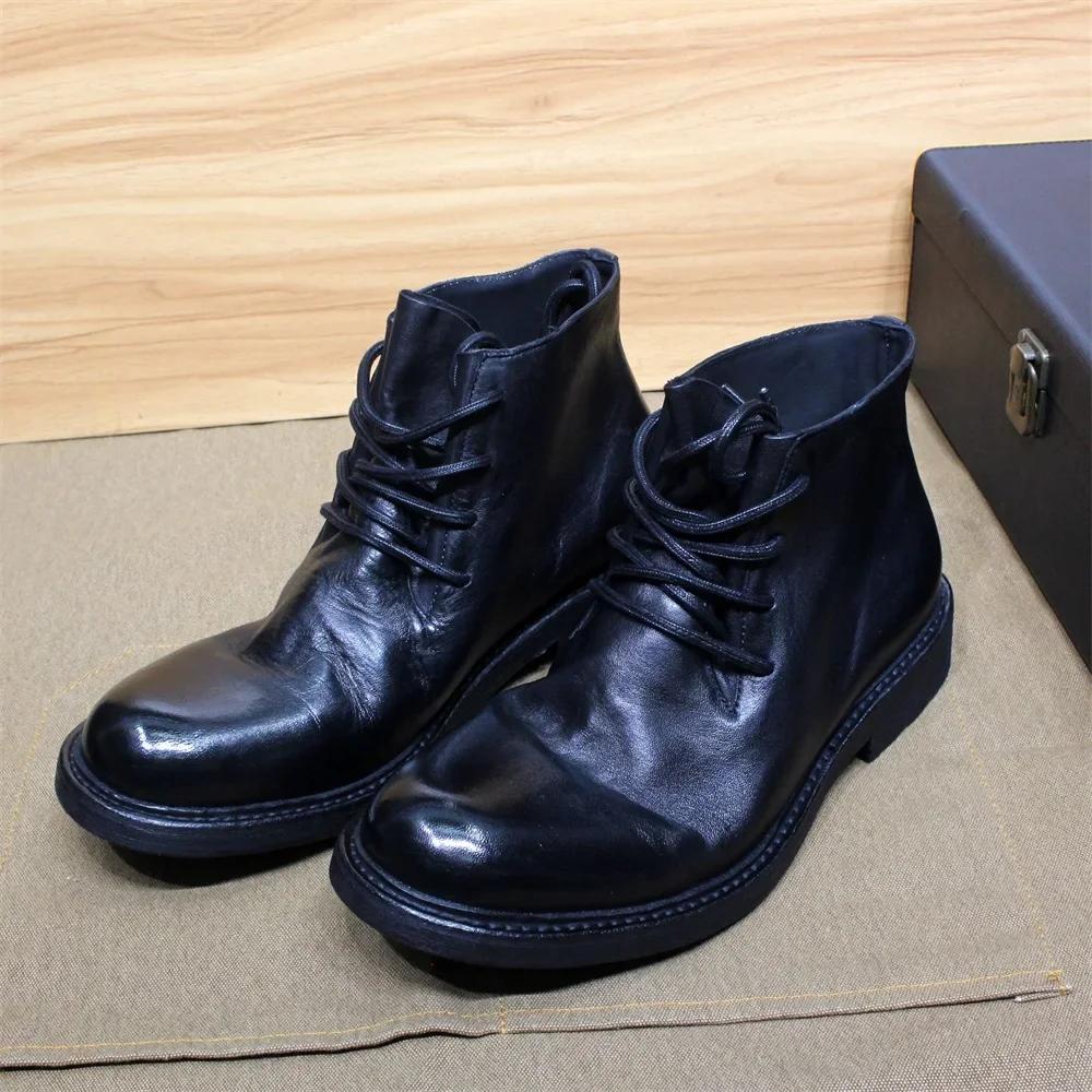 Fashion British Style Mens Ankle Boots Soft Calf Real Leather Handmade Motorcycle Boots Leather Sole Comfortable Lace Up Winter Footwear