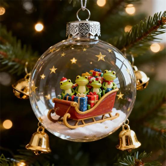 Frog Christmas Ornament Clear Plastic Xmas Hanging Ball with 3D Frog Ornament Holiday Keepsake