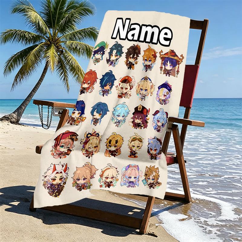 Custom Name Personalized Genshin Impact Print Beach Towel, for Trip Camping Beach Party Home Decor, Birthday Gift for Family & Friends
