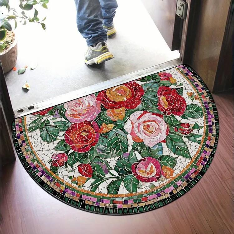 Tapis de sol antidérapant en mosaïque semi-circulaire Patchwork floral géométrique vintage Entrée de patio Porche Balcon Zone à fort trafic