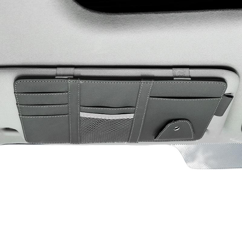 

Универсальный органайзер из искусственной кожи для автомобиля, солнцезащитный козырек, многофункциональный держатель для очков, ручка с несколькими карманами для банкнот, ID-карта, телефон для хранения темно серый