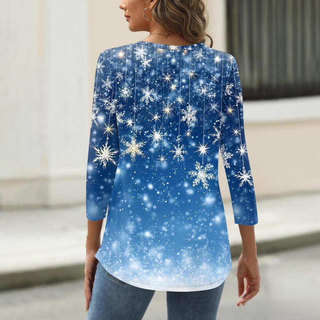 Damen T-Shirt mit Weihnachtsdruck, 3/4-Ärmel, für den Alltag, Wochenendmode, Basic, Rundhalsausschnitt, normales Oberteil