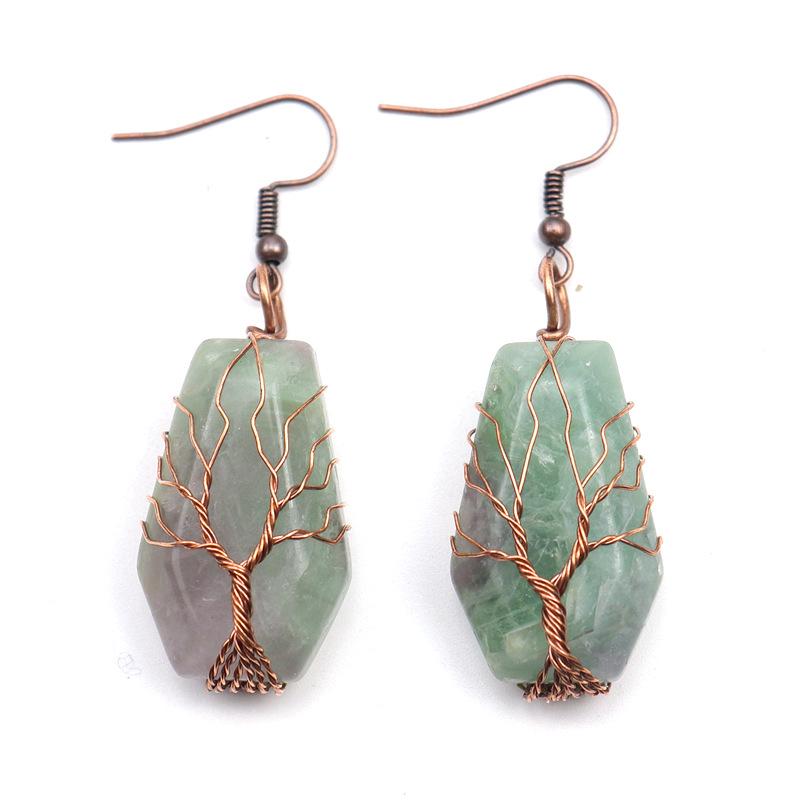 Handmade Agate Coffin Board Tree of Life Earrings - Natural Stone Crystal Dangle for Wealth and Harmony.