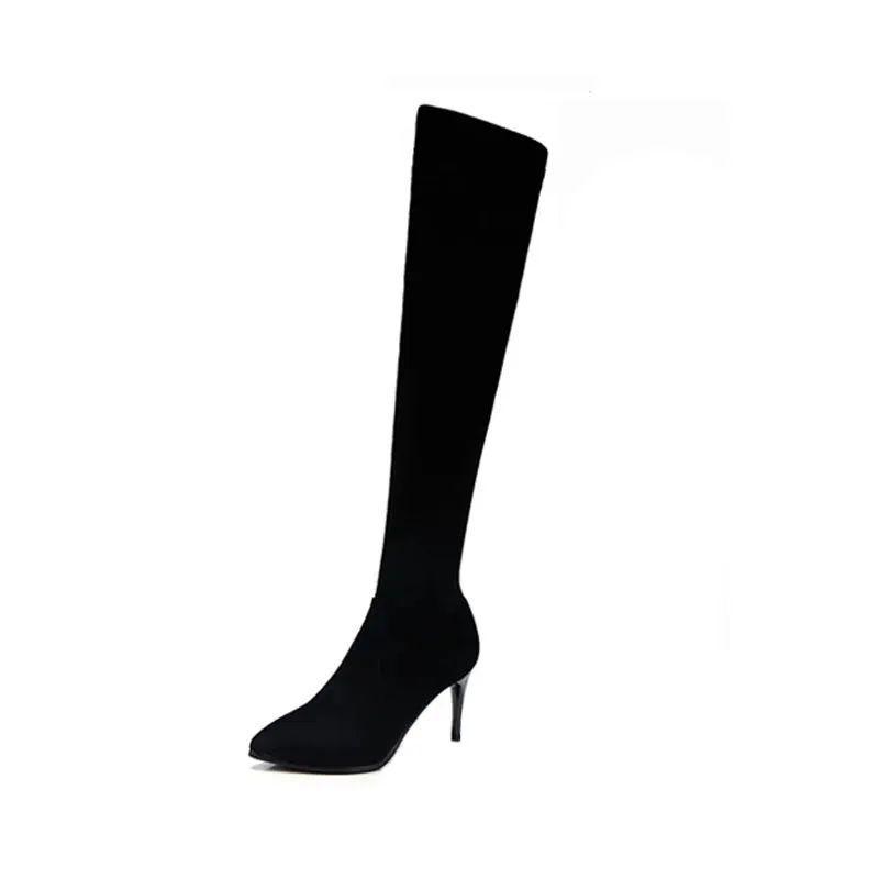 Women's Black Stiletto Over-the-Knee Boots with Velvet, 2025 Autumn/Winter Korean Style