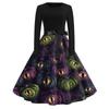 Women's Casual Vintage Dress Long Sleeve Round Neck Halloween Print A-Line Midi Dress with Waist Tie Belt Suitable for Daily Wear