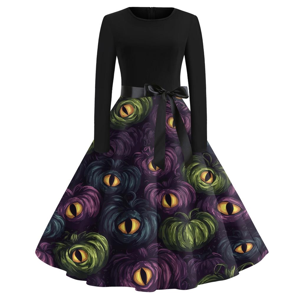 Women's Casual Vintage Dress Long Sleeve Round Neck Halloween Print A-Line Midi Dress with Waist Tie Belt Suitable for Daily Wear
