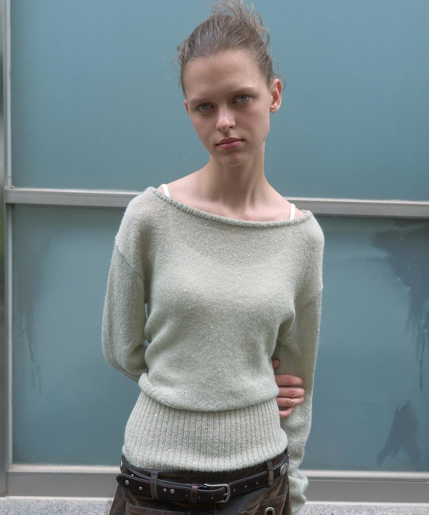 KIJUN Sequin Boat-Neck Knit Top_Sage