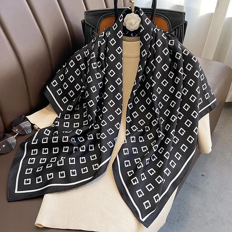 Spring and Autumn New Fashion Twill 90cm Large Square Scarf Women's Silk Scarf Dual-purpose Shawl Yarn with Decorative Scarf