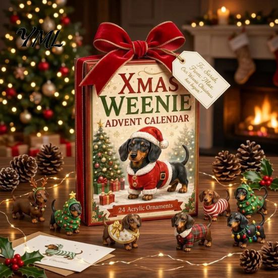 Weihnachtsgeschenk 2026 Dackel Adventskalender, 3D Countdown Sammlerstück-Ornament-Set, Niedliche Figuren-Sammlung mit 24 Mini-Hundefiguren,