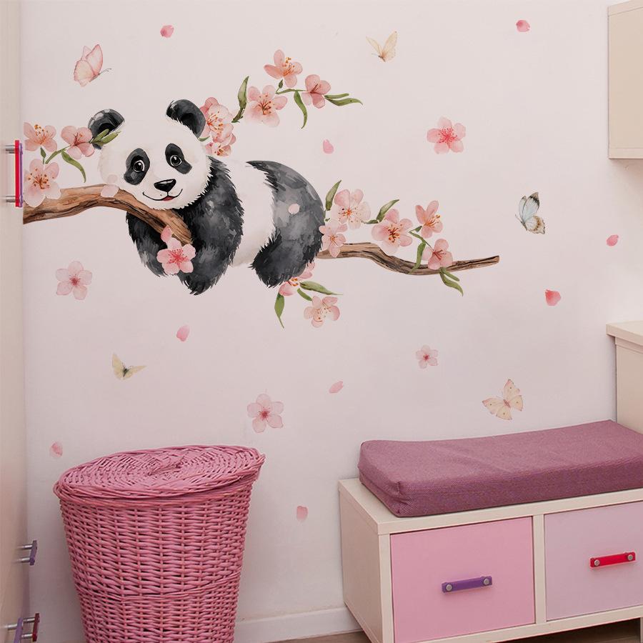Cute Panda on Peach Tree with Butterfly and Peach Blossoms Wall Stickers, Self-Adhesive Decor for Kids Room Bedroom Dorm Room Decoration