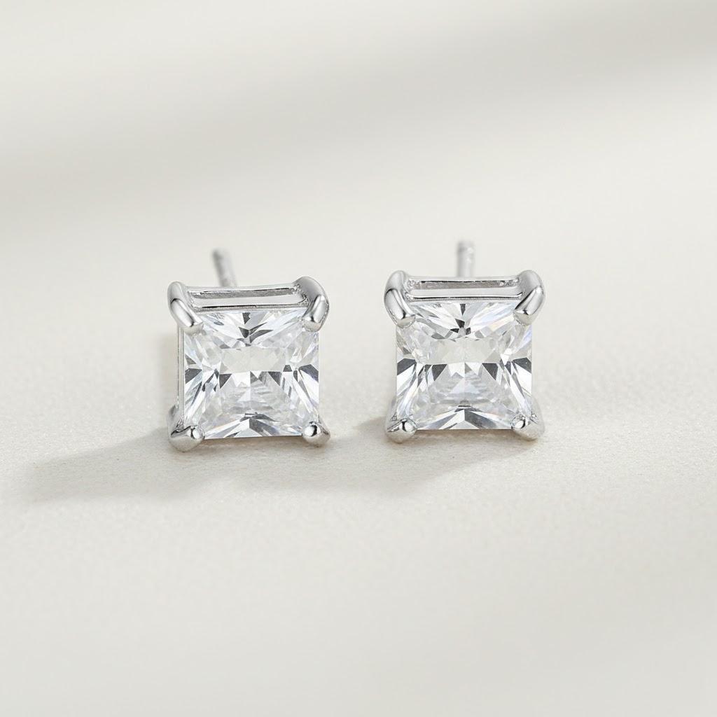 Silver Cubic Zirconia Buckle Earrings Round Princess Cut Essentials Jewelry Ear Studs For Women Fashion Accessories