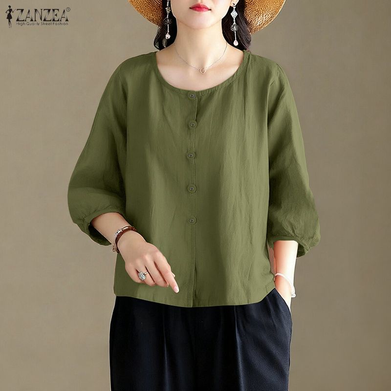 ZANZEA Women Casual Round Neck Solid Color Loose 3/4 Sleeve Blouse