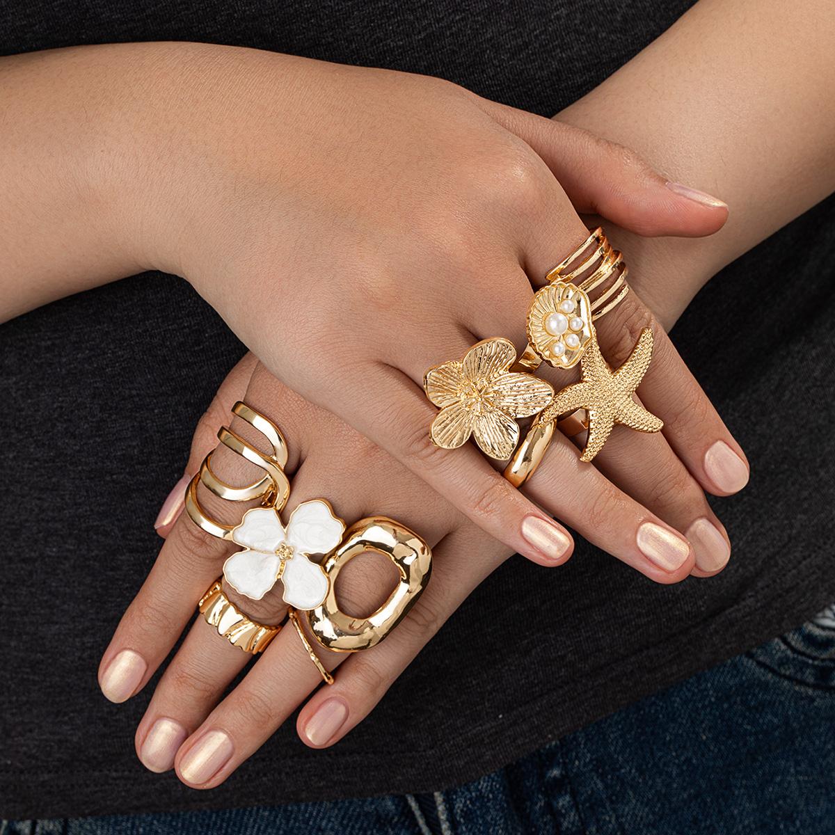 Vacation-style ocean element flower ring set, light luxury gold starfish shell faux pearl rings