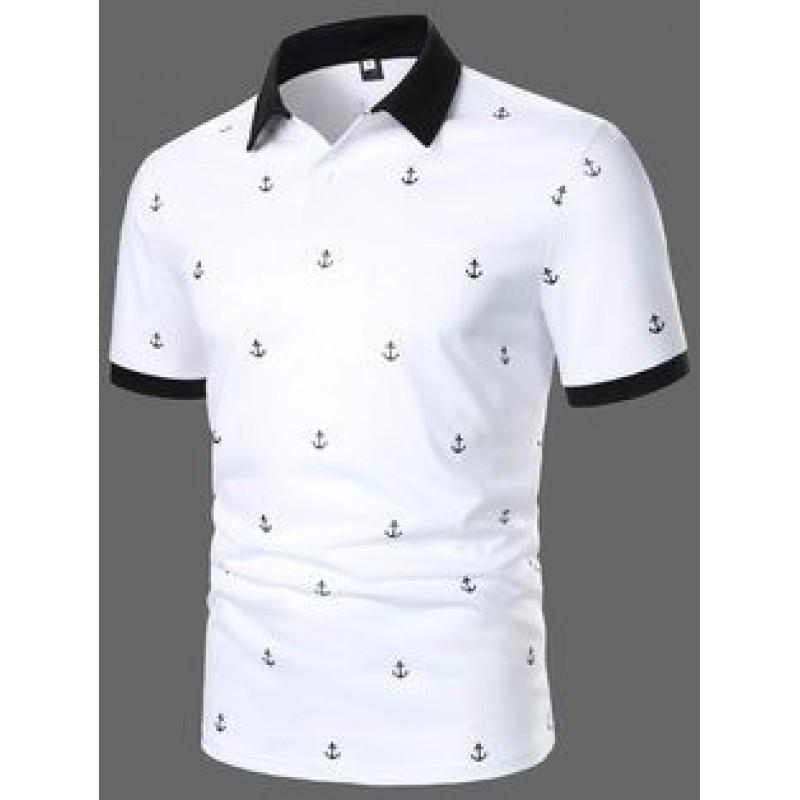 Mens Short Sleeve Polo Shirt Slim Fit Casual Tee Breathable Cotton Print Design