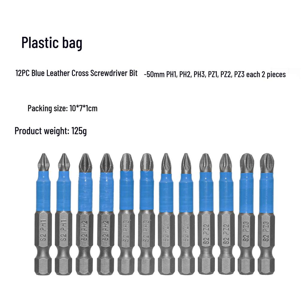 Blue Leather Case 12-Piece Cross-Head Anti-Slip Bit Set, S2 Material, 50mm Screwdriver Blades