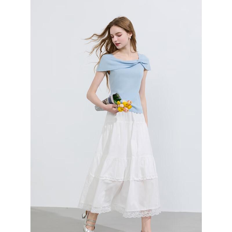 Sancai 2025 Summer Bow-knot Off-Shoulder Slim Knit Top