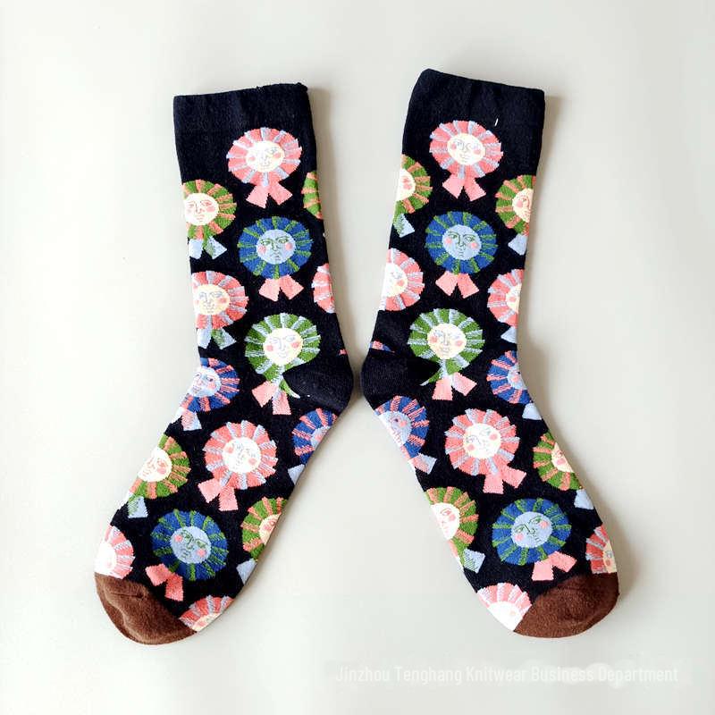 Șosete la modă cu pictură în ulei franceză: Șosete de vițel colorate, cu tub mediu-înalt, de nișă, la modă pentru femei