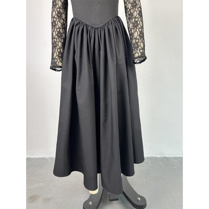 Damenkleid Frühling und Herbst Temperament Quadratischer Ausschnitt Spitze Langärmlig Tailliert Einfarbig Midilänge Kleider