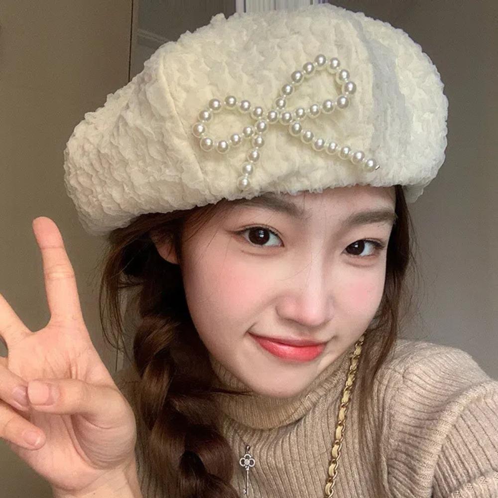 Street Style Pearls Bow Soft Hat Y2K Octagonal Brimless Hat Simple Women Artist Hat Work