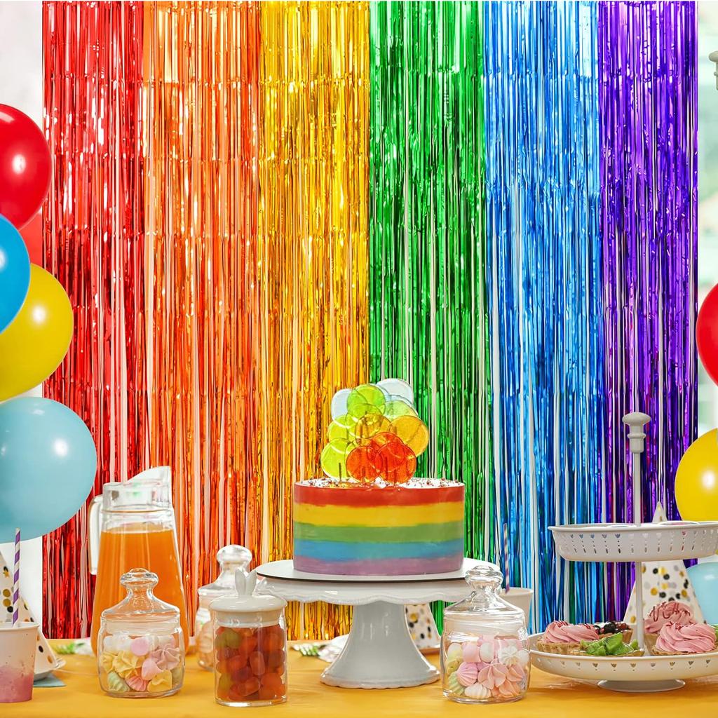 2 Pack Rainbow Foil Fringe Curtains Rainbow Party Decorations 3.3x6.6ft Tinsel Metallic Streamers Holiday Photo Booth  for Party