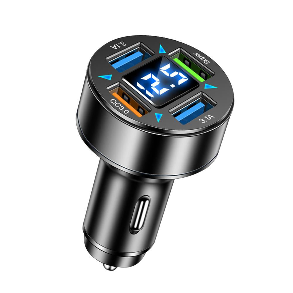 

66W Car Charger 4-Port Blue Light Fast Car Charger USB PD Quick Charge Adapter QC 3.0 LED Digital Display for Huawei Xiaomi