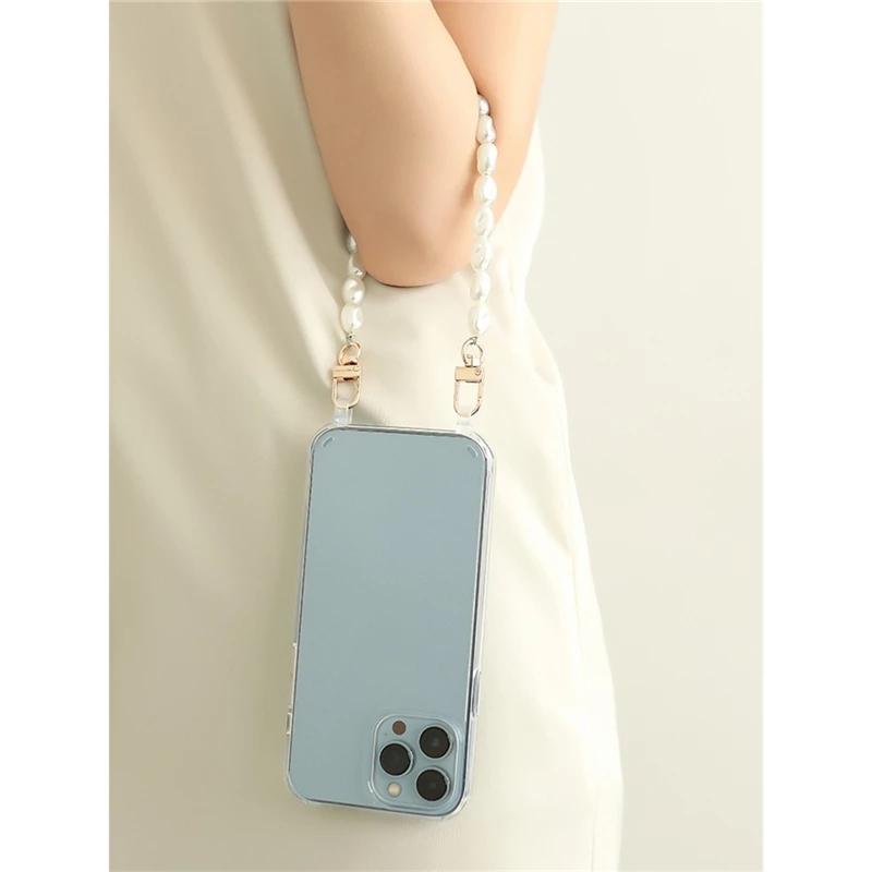 Pearl Bracelets Chain Crossbody Necklace Lanyard Phone Case For  Iphone 16 15 14 Pro 13 12 Mini 11 7 8 Plus Beige Cover